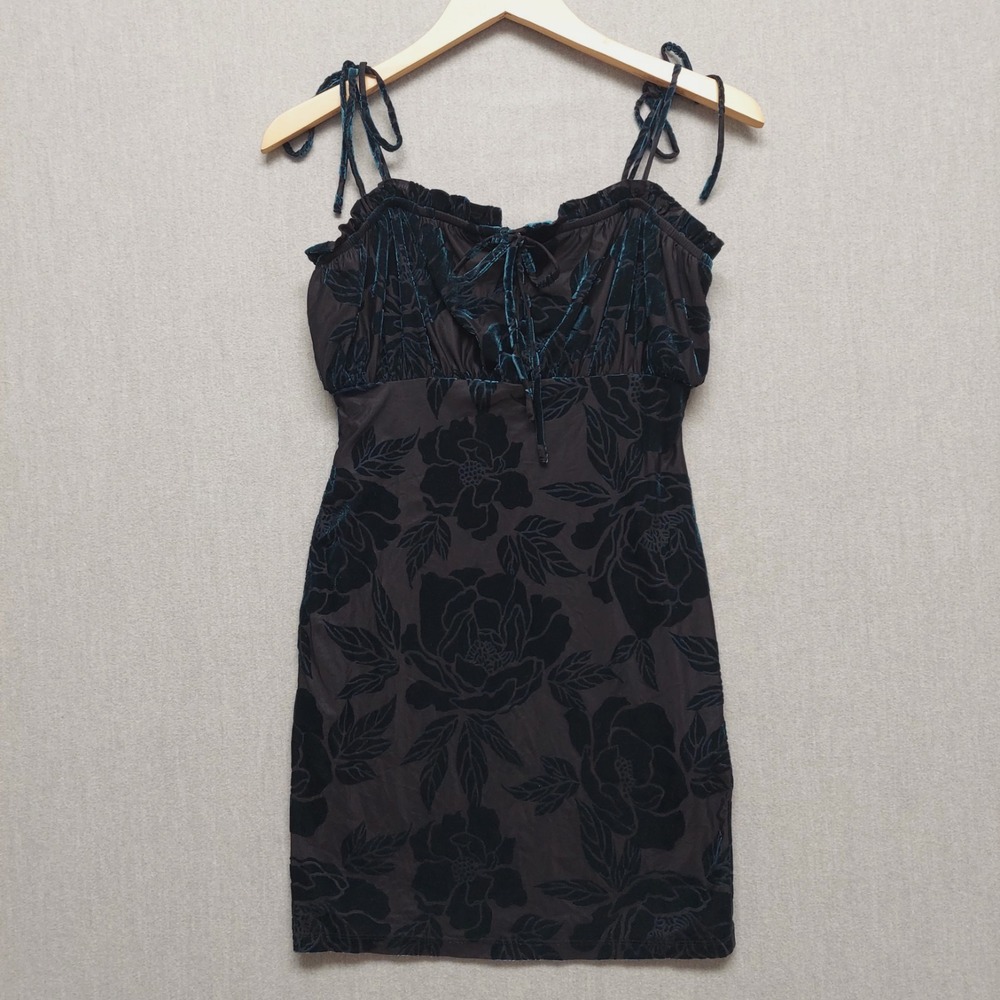 Forever‎ 21 Y2K Velvet Burnout Mini Dress L Babydoll Teal Floral Goth Grunge